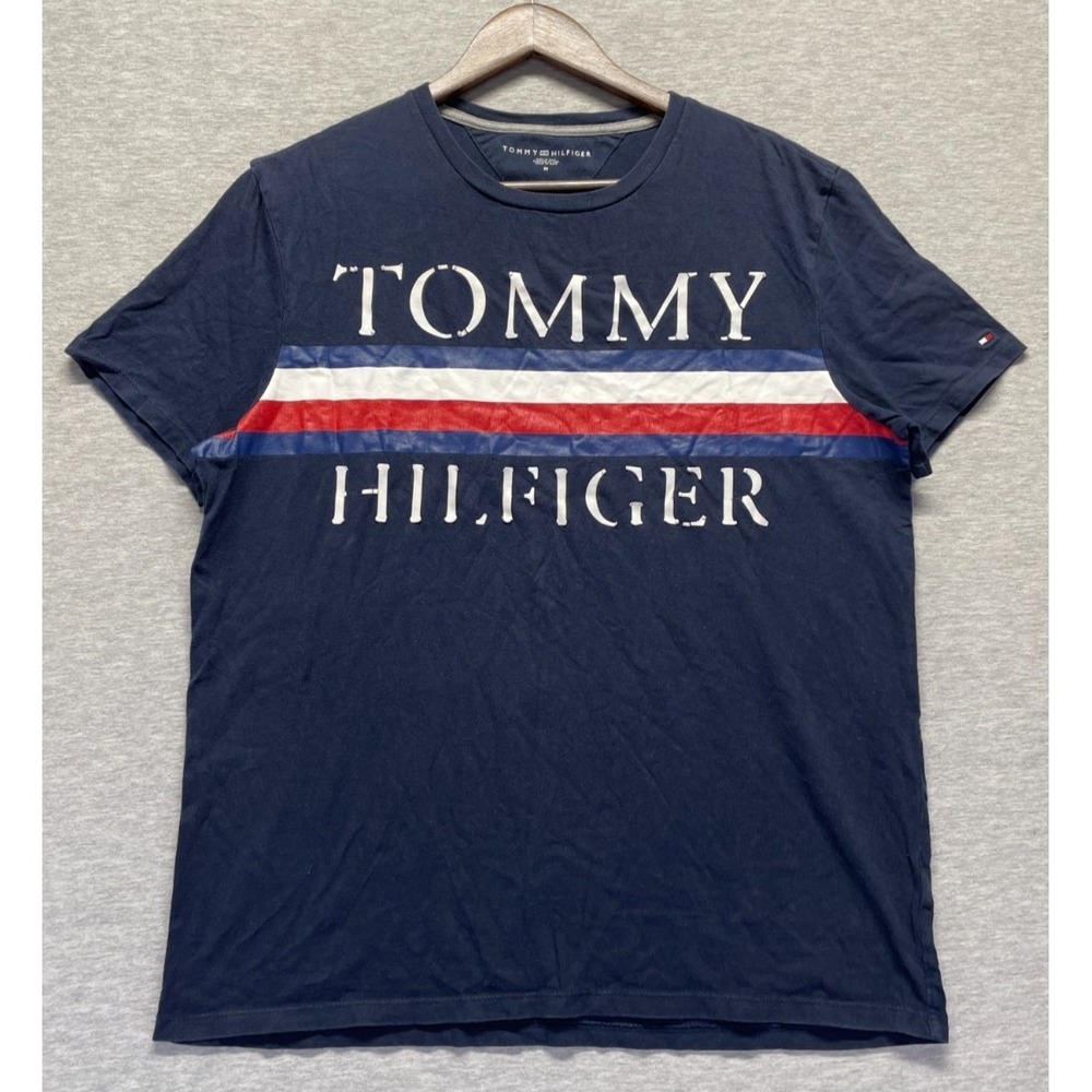 Tommy Hilfiger T Shirt Mens Medium Navy Blue Cotton Graphic Print Logo Everyday